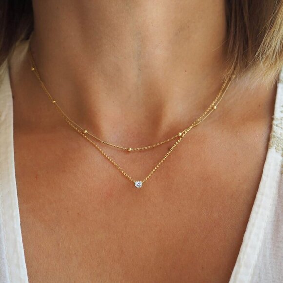 Women's Gold Necklace-14k Gold Plated Solitaire Cubic Zirconia Necklace - Picture 3 of 7